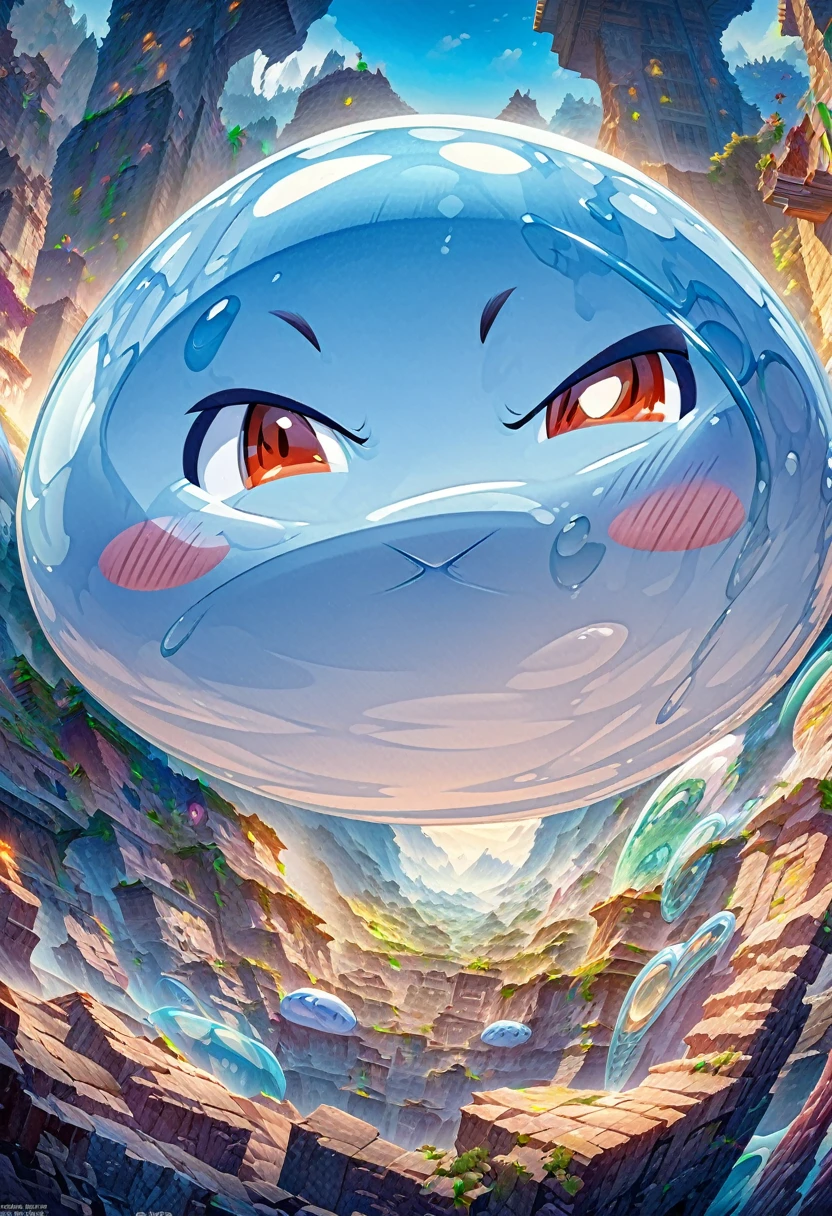 Japanese cartoon slime fantasy fictional creature flat light blue cute slime(close up)Glowing water splash all around dark blue background shiny rotating high dynamic vortex surrounding slime , Swirl dynamics 

                         ( Correct and perfect  ) Ultra-detailed animation art and visual effects masters perfectly compose intricately detailed digital art