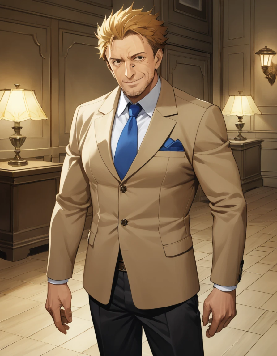 1man, veteran mature detective, muscular, boned nose, wavy slicked back spiked hair, yellow_brown hair, BREAK shihaku, brown eyes, dandy, virile, stubble, square shaped, large eyes, ugly, rough skin, facial wrinkles, ideal ratio body proportions, ordinaly, cute uncle, beautiful detailed eyes, broad waist, 40yo dude, BREAK solo, upperlegs, white collared shirt, blue necktie, trench coat, dark worn-out suit, cute smile, standing, BREAK dandy posing, in eroge style, 2000s, cinematic concept art, masterpiece, best quality, BREAK score_9, score_8_up, score_7_up, source_anime, score_6_up, score_5_up, score_4_up