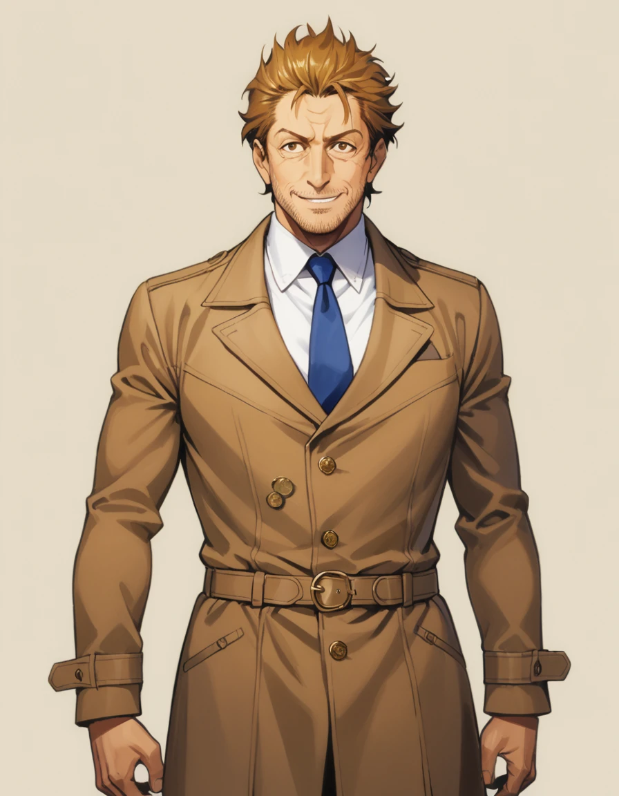1man, veteran mature detective, muscular, boned nose, wavy slicked back spiked hair, yellow_brown hair, BREAK shihaku, brown eyes, dandy, virile, stubble, square shaped, large eyes, ugly, rough skin, facial wrinkles, ideal ratio body proportions, ordinaly, cute uncle, beautiful detailed eyes, broad waist, 40yo dude, BREAK solo, upperlegs, white collared shirt, blue necktie, trench coat, dark worn-out suit, cute smile, standing, BREAK dandy posing, in eroge style, 2000s, cinematic concept art, masterpiece, best quality, BREAK score_9, score_8_up, score_7_up, source_anime, score_6_up, score_5_up, score_4_up