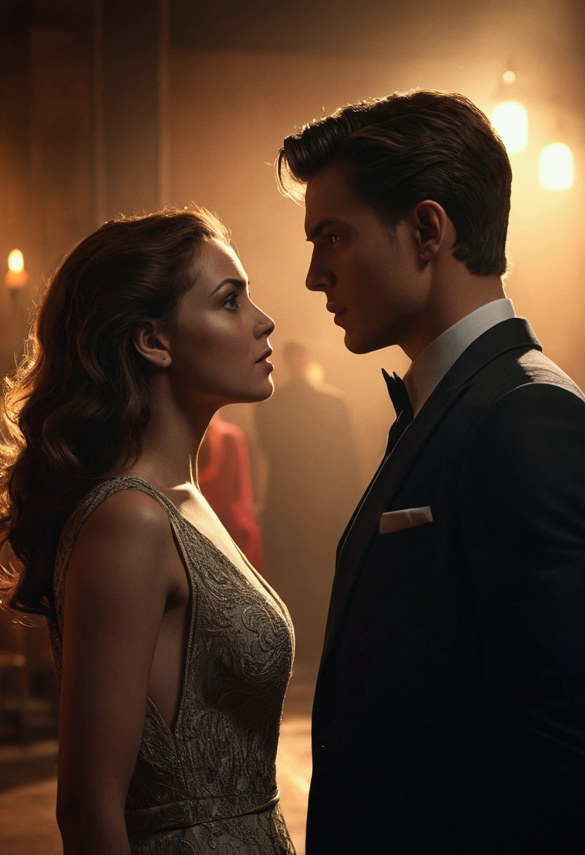 a well-dressed seductive young man in a dramatic setting, TALKING TO A WOMAN, the man has his back to the camera, cinematic lighting, dramatic atmosphere, Rich textures, high qualiy, photorrealistic , detailed and realistic face, ultra resolution, HD ,