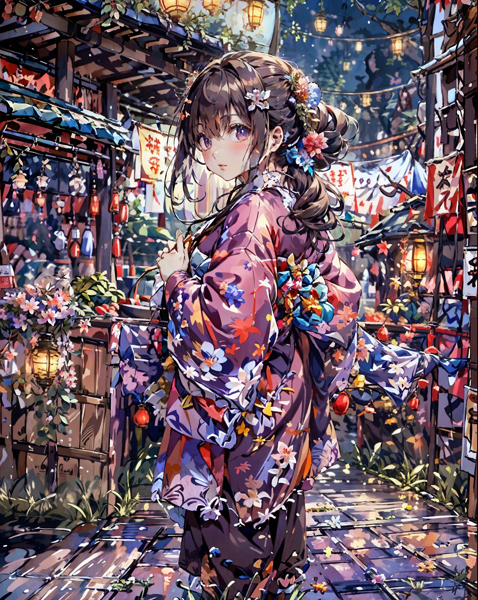 masterpiece, highest quality, super detailed, figure, OMATSURI, food stand, 1 girl, beautiful eyes, looking at the viewer, from behind, cowboy shot, think back, yukata, wood, outdoors,road, walk, crowd, night, lanthanum, festival, food, paved, Crossing road, paper lanthanum, street lamppost, brown hair, night sky,