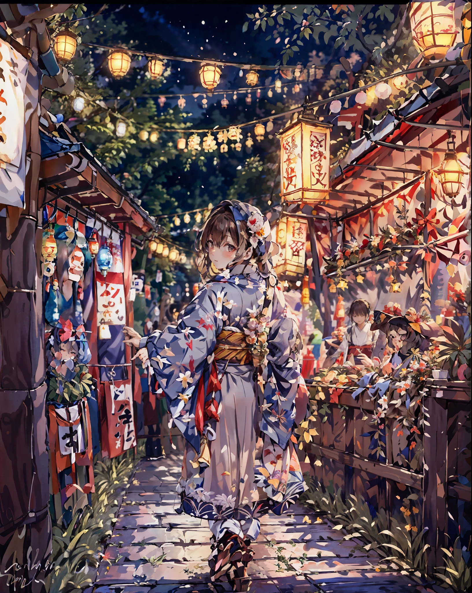 masterpiece, highest quality, super detailed, figure, OMATSURI, food stand, 1 girl, beautiful eyes, looking at the viewer, from behind, cowboy shot, think back, yukata, wood, outdoors,road, walk, crowd, night, lanthanum, festival, food, paved, Crossing road, paper lanthanum, street lamppost, brown hair, night sky,