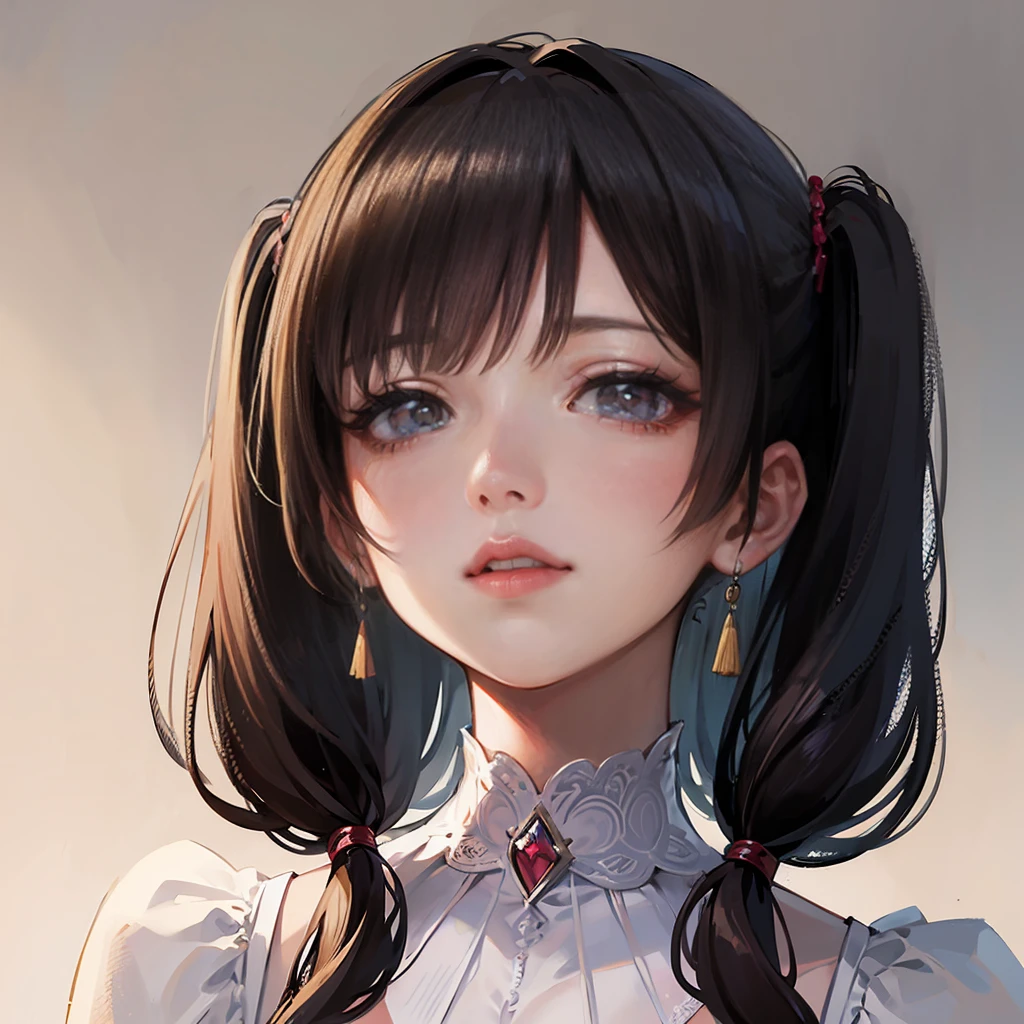 masterpiece, Best Quality, Very delicate and beautiful, Ultra-high resolution, 8k, 2.5D, Princess like a doll, cute, 
highly detailed dress, Twin tails, trimmed bangs, Transparent white skin, Fair skin, large, round eyes, Thin lips, round face, look up, Upper Body, Looking at the camera, The best light, Perfect composition, 