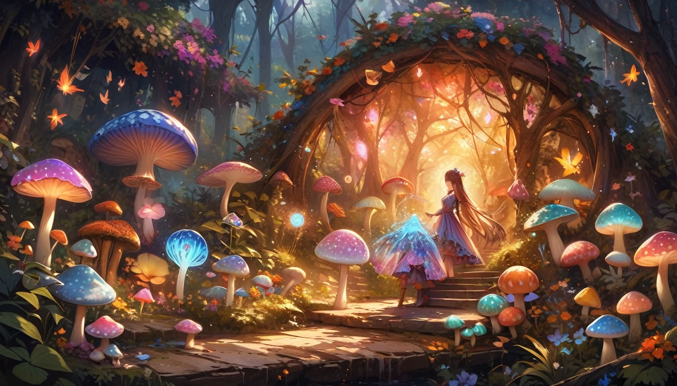 best quality,high resolution,masterpiece:1.2,Super detailed,actual,photoactual,psychedelic mushrooms,enchanted forest,Glowing Mushroom,dreamlike atmosphere,Floating spores,colorful vegetation,fairy lights,magical pattern,ethereal atmosphere,Whimsical fantasies,magical creatures,mysterious landscape,bright colors,Soft diffuse lighting,otherworldly beauty,Exquisite flora and fauna,mysterious light,unforgettably beautiful,transcend,peaceful atmosphere,mythology figure,Glowing leaves,magical light,Daydreaming,Serene and surreal,ethereal atmosphere,Whisper of magic,Engaging scenes,Hypnotic artwork,Sparkling portal,Mushroom wonderland,Magic lighting