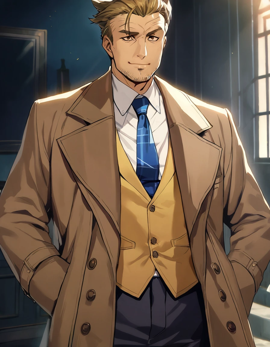 1man, veteran mature detective, muscular, boned nose, wavy slicked back spiked hair, yellow_brown hair, BREAK shihaku, brown eyes, dandy, virile, stubble, square shaped, large eyes, ugly, rough skin, facial wrinkles, ideal ratio body proportions, ordinaly, cute uncle, beautiful detailed eyes, broad waist, 40yo dude, BREAK solo, upperlegs, white collared shirt, blue necktie, trench coat, dark worn-out suit, cute smile, standing, BREAK dandy posing, in eroge style, 2000s, cinematic concept art, masterpiece, best quality