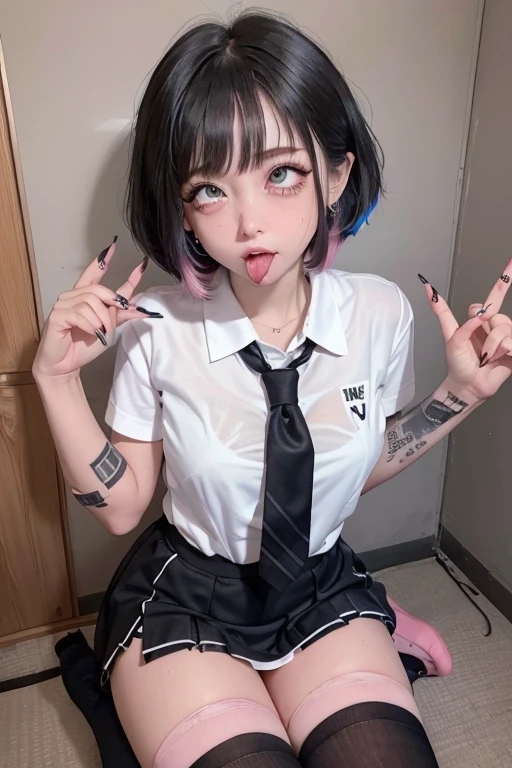 high quality, detailed,very wet,junior High school girl wearing very very wet and very transparent short sleeve white shirt and a tie,plaid skirt,(bob hair,bob hair)(wearing black overknee socks),a mole under the eye,(tounge out,tounge out tounge out),(blushing:1.4),the whole body,the whole body,she has a lot of earrings,tattoo,tattoo,detailed background,in the health room,ecstasy,orgasm,tattoo,she has fancy nails,seducing,temptation,