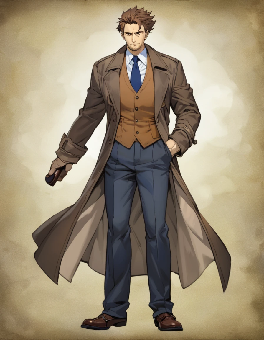 1man, veteran mature detective, muscular, boned nose, wavy slicked back spiked hair, yellow_brown hair, BREAK shihaku, brown eyes, dandy, virile, stubble, square shaped, large eyes, ugly, rough skin, facial wrinkles, ideal ratio body proportions, ordinaly, cute uncle, beautiful detailed eyes, broad waist, 40yo dude, BREAK solo, upperlegs, white collared shirt, blue necktie, trench coat, dark worn-out suit, cute smile, standing, BREAK dandy posing, in eroge style, 2000s, cinematic concept art, masterpiece, best quality