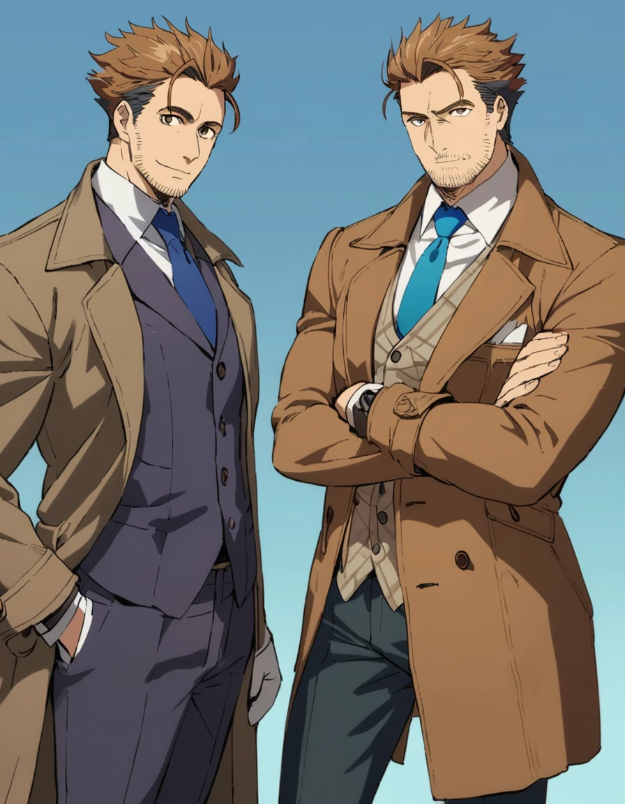 1man, veteran mature detective, muscular, boned nose, wavy slicked back spiked hair, yellow_brown hair, BREAK shihaku, brown eyes, dandy, virile, stubble, square shaped, large eyes, ugly, rough skin, facial wrinkles, ideal ratio body proportions, ordinaly, cute uncle, beautiful detailed eyes, broad waist, 40yo dude, BREAK solo, upperlegs, white collared shirt, blue necktie, trench coat, dark worn-out suit, cute smile, standing, BREAK dandy posing, in eroge style, 2000s, cinematic concept art, masterpiece, best quality