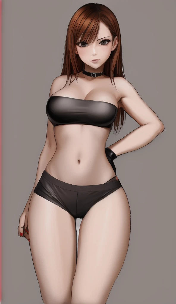 A beautiful woman with big breasts, beautiful legs, and a sharp face is standing with her hands on her hips in a black navel-baring tube top and black hot pants that look like panties.。