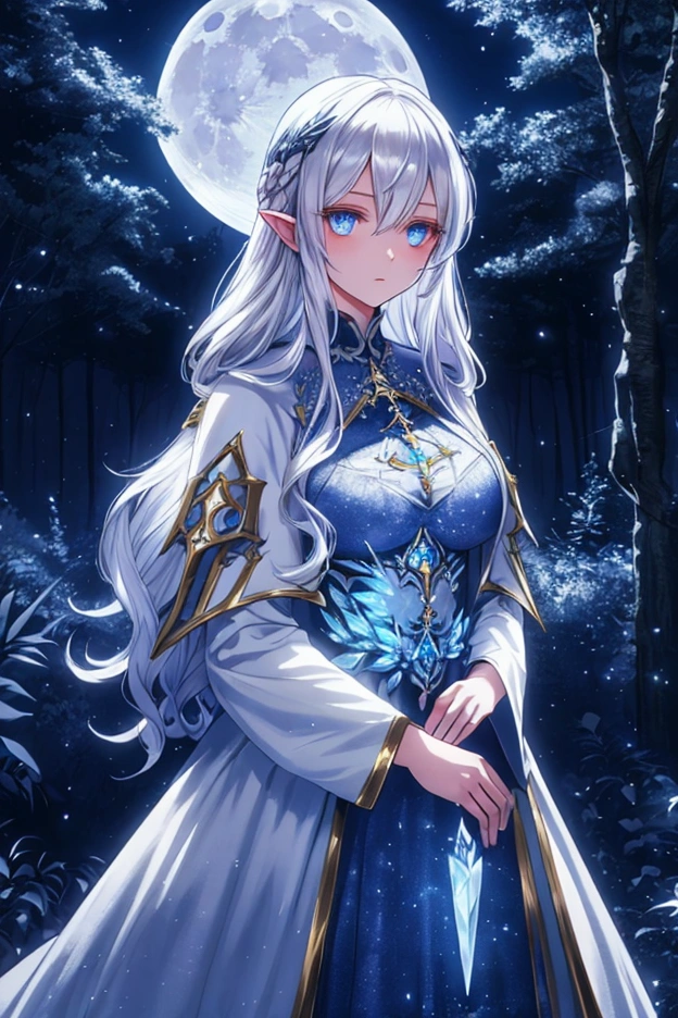 Aasimar, Twilight Cleric, Silver hair, Blue eyes, glowing eyes, moonlit forest, female