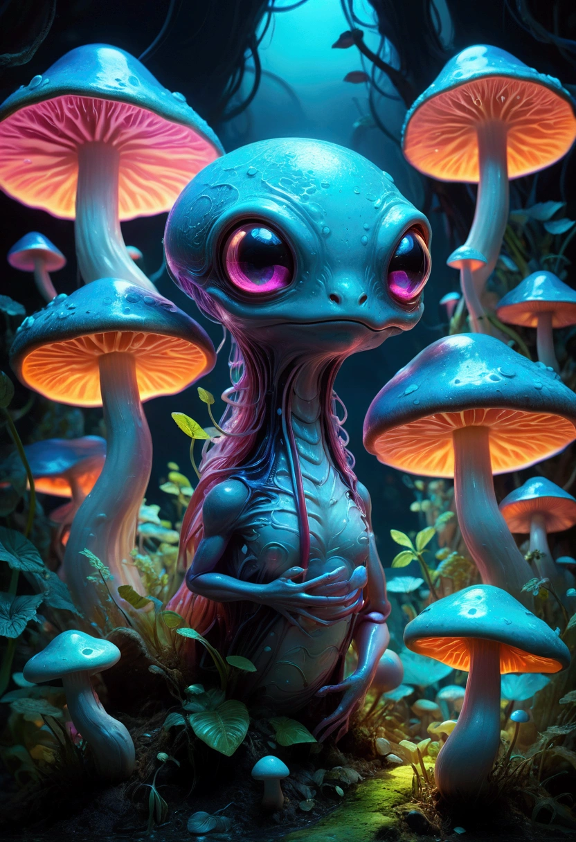 A slime creature, detailed slimy texture, gooey and viscous appearance, cute eyes, bright neon colors, fluorescent glowing, surreal fantasy landscape, colorful alien environment, glowing mushrooms, bioluminescent plants, cinematic lighting, detailed 3D render, vibrant colors, high detail, masterpiece, best quality, very aesthetic, absurdres