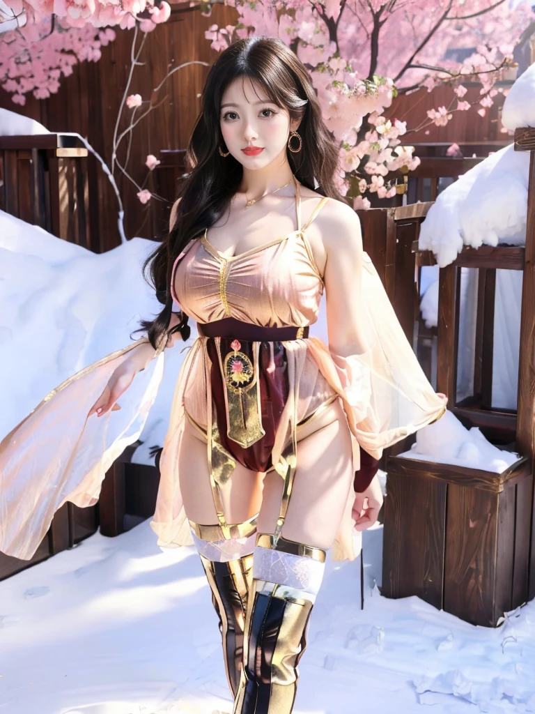 A female model, (Race:Chinese),((night),(moonlight),(Fall),(Mountains in summer，Sunset)), (8K Ultra HD, 8K, Ultra-high resolution, best quality, masterpiece, Surrealism), ((((Beautiful model-like face))), (Creating the image of a real girl), warm light, Realistic shadows, Dynamic poses, Elegant Posture, Cowboy lens, Full body front view, Be confident, Body facing the camera, Standing facing the camera, Open your legs slightly, Golden Ratio Graphics, Minimalism), (Happy smile, Big watery eyes, Cherry Blossom, Balanced Eyes, Oval face, Perfect beautiful face, Pretty Face, Normal facial features, Realistic skin, Skin is transparent and visible, Attention to skin details, Perfect limbs, Sports body, cosmetic, earrings, bracelet, necklace, Jewelry, veil, Hair accessories, Headdress), ((beautiful hair), black hair, Wavy curly hairstyle, Waist-length hair, Messy Hairstyle, Gradient hairstyles, Cyberpunk hairstyle), ((Transparent clothes：1.5), (The color of the clothes: Peach), Transparent Clothes, See-through clothes, Transparent Clothes, Tulle clothes, Mesh clothes, Transparent sci-fi clothes), (Sexy的, Perfect breast shape, Teardrop chest shape, Snow-white breasts, very detailed breasts, 34E cup), (Super high waist, Deep V, Low-cut, Sexy, Flattering, , (Camel toe, High fork strangulation)), (sock, Knee socks, 吊garter, Leg ring, garter, 腿部garter), (pattern:Clouds)