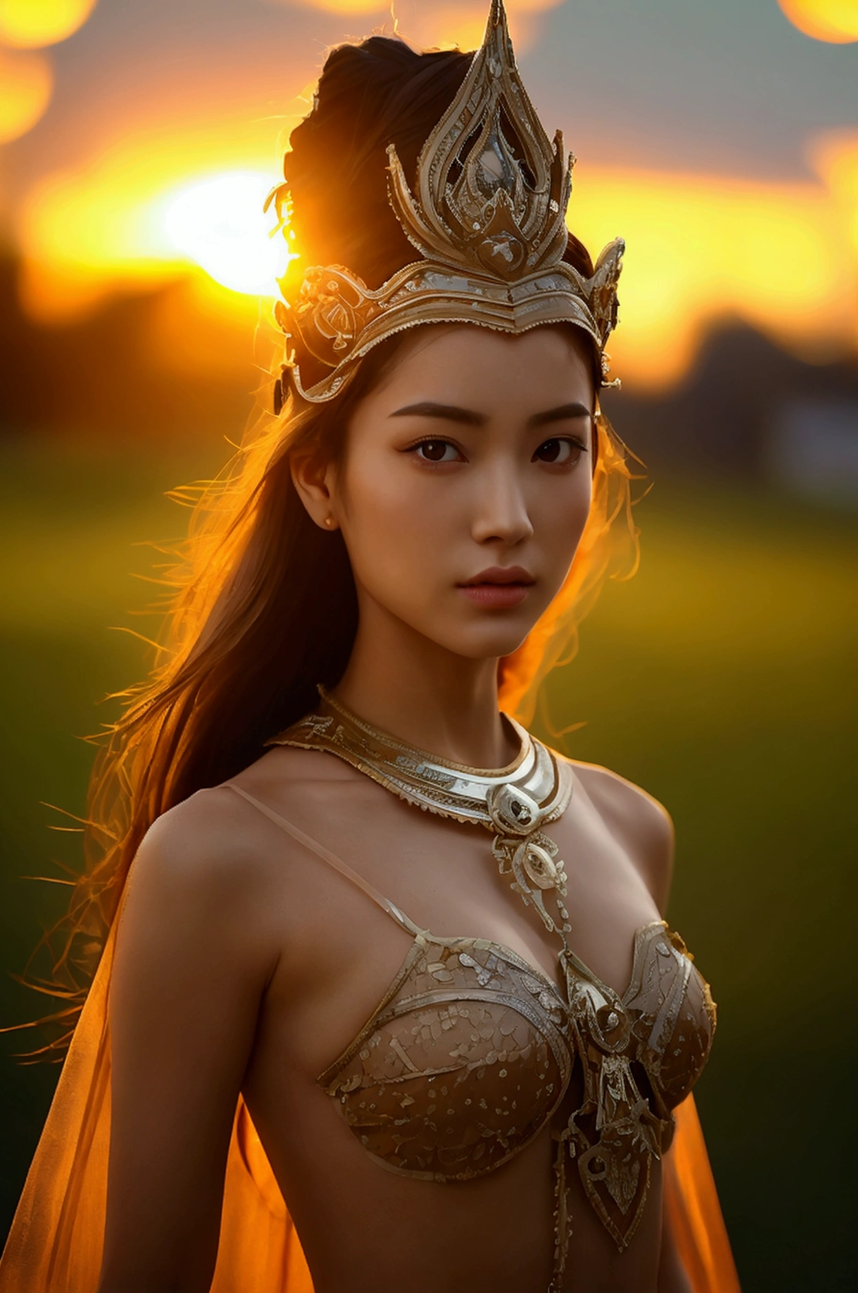 best quality, Masterpiece, Ultra high resolution, (realism: 1.4), original photo, 1 girl, movie light, at sunset, in the dark, deep shadow, Create high resolution photos, A beautiful young woman wearing a sexy Thai princess costume., The see-through fabric is so thin that the wearer&#39;Cracks and skin can be seen.., She spread her legs slightly wide to show off her legs.., She has a slim, beautiful, and delicate face.., sharp eyes, long hair, responsive face, high nose, and thin lips, Her breasts are 32 inches long with pink nipples.., Her waist is 24 inches.., Her hips are 33 inches.., Her skin was white and radiant.., She has light brown hair.., And her figure was slim and slightly muscular..