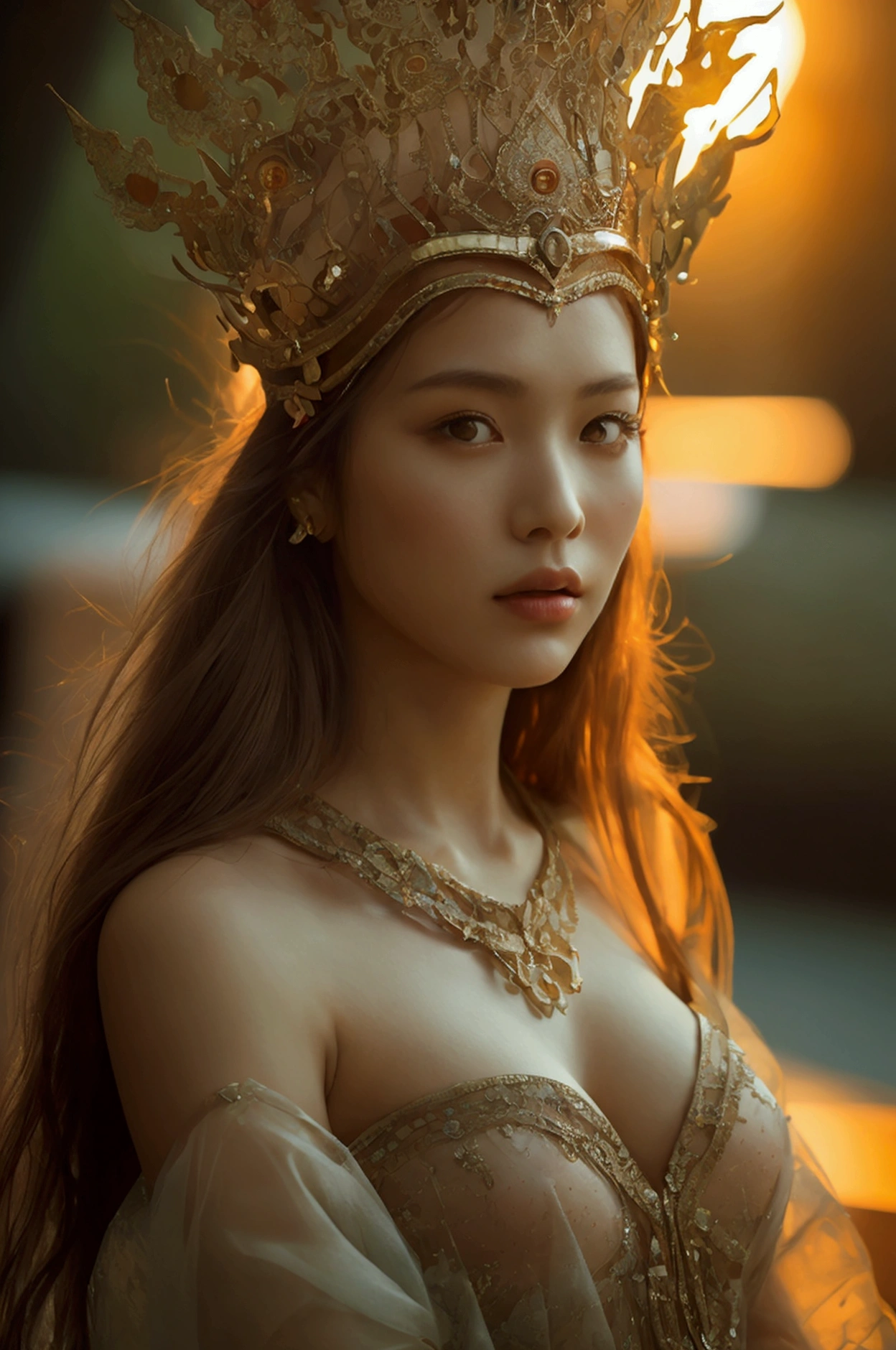 best quality, Masterpiece, Ultra high resolution, (realism: 1.4), original photo, 1 girl, movie light, at sunset, in the dark, deep shadow, Create high resolution photos, A beautiful young woman wearing a sexy Thai princess costume., The see-through fabric is so thin that the wearer'Cracks and skin can be seen.., She spread her legs slightly wide to show off her legs.., She has a slim, beautiful, and delicate face.., sharp eyes, long hair, responsive face, high nose, and thin lips, Her breasts are 32 inches long with pink nipples.., Her waist is 24 inches.., Her hips are 33 inches.., Her skin was white and radiant.., She has light brown hair.., And her figure was slim and slightly muscular..