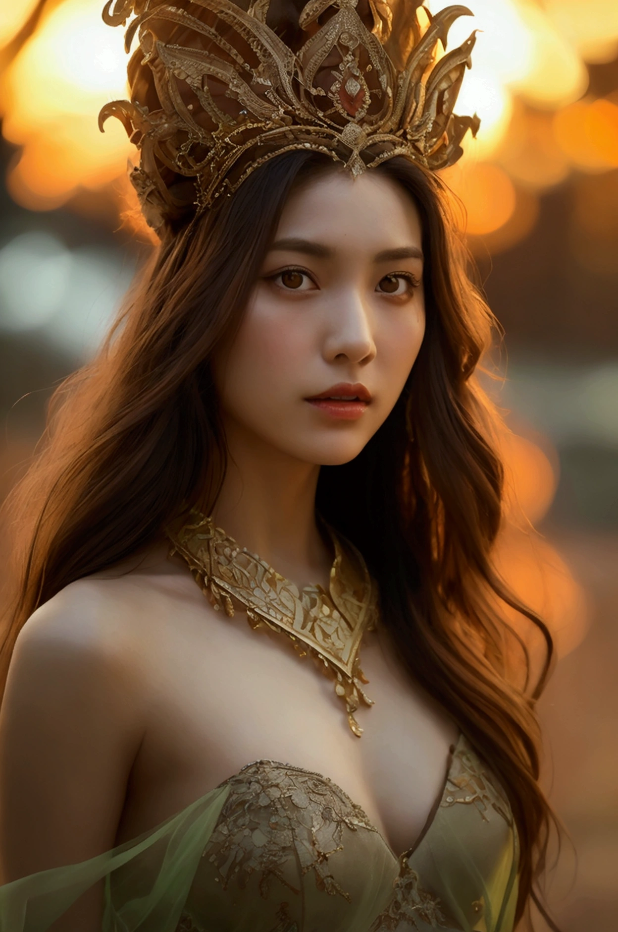best quality, Masterpiece, Ultra high resolution, (realism: 1.4), original photo, 1 girl, movie light, at sunset, in the dark, deep shadow, Create high resolution photos, A beautiful young woman wearing a sexy Thai princess costume., The see-through fabric is so thin that the wearer'Cracks and skin can be seen.., She spread her legs slightly wide to show off her legs.., She has a slim, beautiful, and delicate face.., sharp eyes, long hair, responsive face, high nose, and thin lips, Her breasts are 32 inches long with pink nipples.., Her waist is 24 inches.., Her hips are 33 inches.., Her skin was white and radiant.., She has light brown hair.., And her figure was slim and slightly muscular..