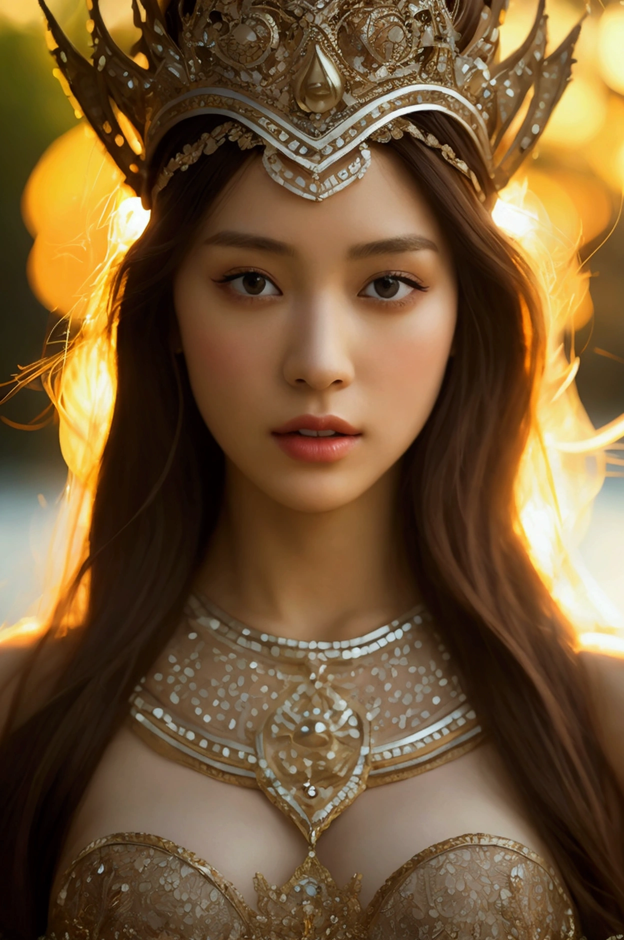 best quality, Masterpiece, Ultra high resolution, (realism: 1.4), original photo, 1 girl, movie light, at sunset, in the dark, deep shadow, Create high resolution photos, A beautiful young woman wearing a sexy Thai princess costume., The see-through fabric is so thin that the wearer&#39;Cracks and skin can be seen.., She spread her legs slightly wide to show off her legs.., She has a slim, beautiful, and delicate face.., sharp eyes, long hair, responsive face, high nose, and thin lips, Her breasts are 32 inches long with pink nipples.., Her waist is 24 inches.., Her hips are 33 inches.., Her skin was white and radiant.., She has light brown hair.., And her figure was slim and slightly muscular..