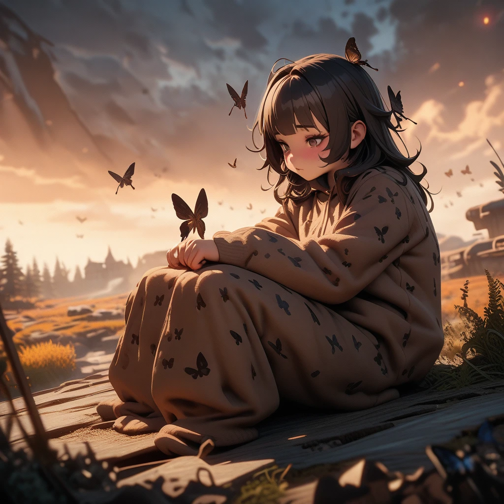 ((best quality)) , ((masterpiece)) , (detailed)，Unreal Engine, Muybridge Sequence, a tall Artisanal Cookie Lyon Gunner, Cookie Lyon is Young and Fae, blushing, surreal, Butterfly sitting, Eyeliner, Fall, Cozy