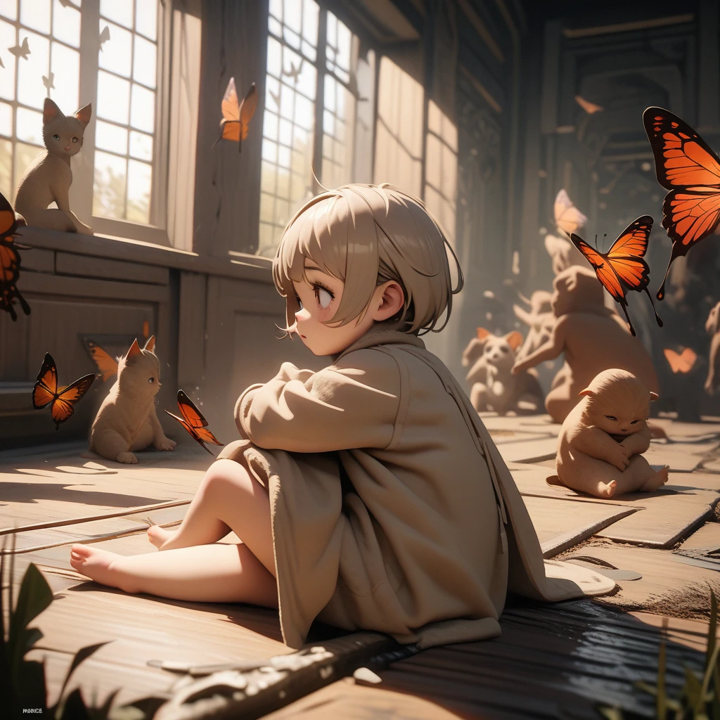 ((best quality)) , ((masterpiece)) , (detailed)，Unreal Engine, Muybridge Sequence, a tall Artisanal Cookie Lyon Gunner, Cookie Lyon is Young and Fae, blushing, surreal, Butterfly sitting, Eyeliner, Fall, Cozy