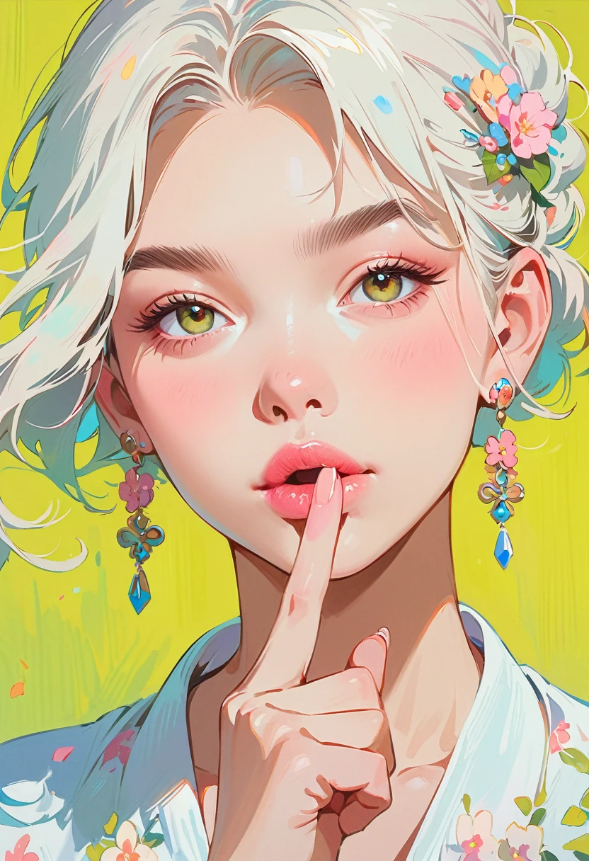 (masterpiece, best quality:1.2), 1 girl, solitary，Anime style，White hair, lips pink、Girl with light floral earrings puts her finger to her mouth，In the style of a top portrait painter, Yellow-green background.Middle finger raised