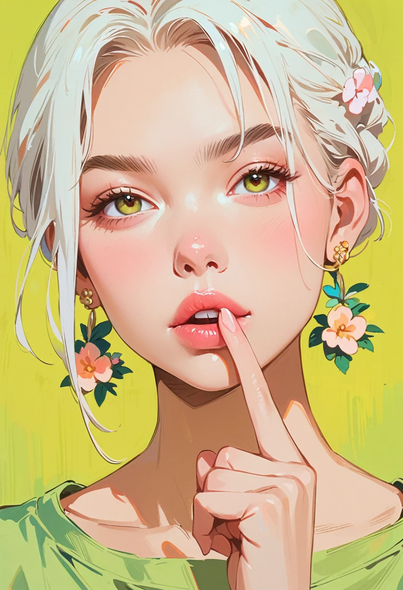 (masterpiece, best quality:1.2), 1 girl, solitary,Anime style,White hair, lips pink、Girl with light floral earrings puts her finger to her mouth,In the style of a top portrait painter, Yellow-green background.Middle finger raised