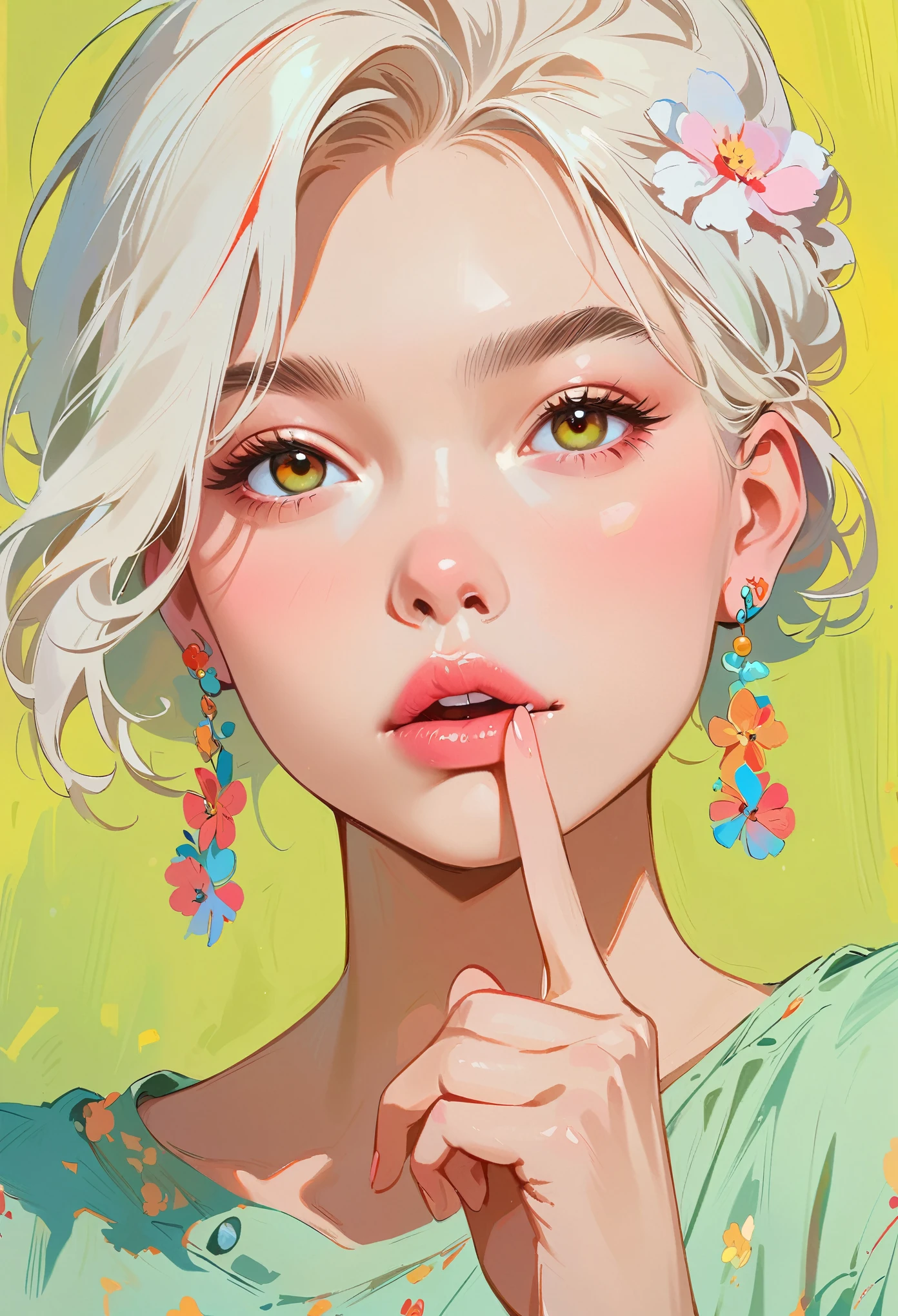 (masterpiece, best quality:1.2), 1 girl, solitary，Anime style，White hair, lips pink、Girl with light floral earrings puts her finger to her mouth，In the style of a top portrait painter, Yellow-green background.