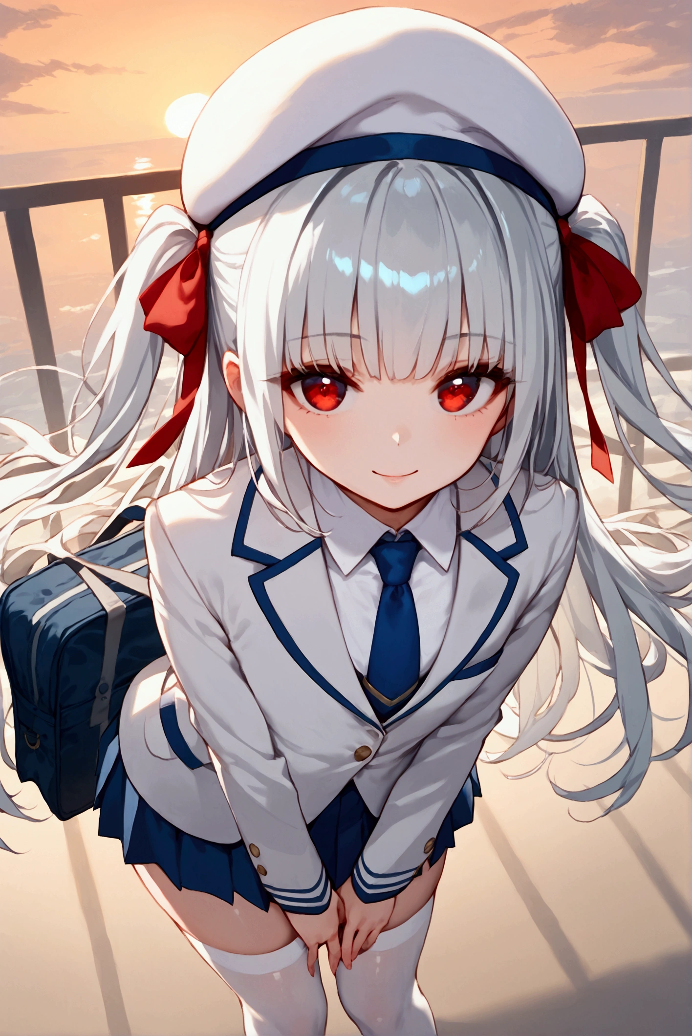 score_9, score_8_up, score_7_up, rating_safe, masterpiece, best quality, very aesthetic, absurdres, 1girl, solo, solo forcus, silver hair, long hair, two side up, bangs, red eyes, (beret, white beret), (hair ribbon, red ribbon), (blazer, white blazer:1.2), (blue necktie:1.2), long sleeves, blue skirt, pleated skirt, faint lips, light smile, thighhighs, white thighhighs, school bag, petite, flat chest, from above, leaning forward, looking at viewer, sunset, golden hour