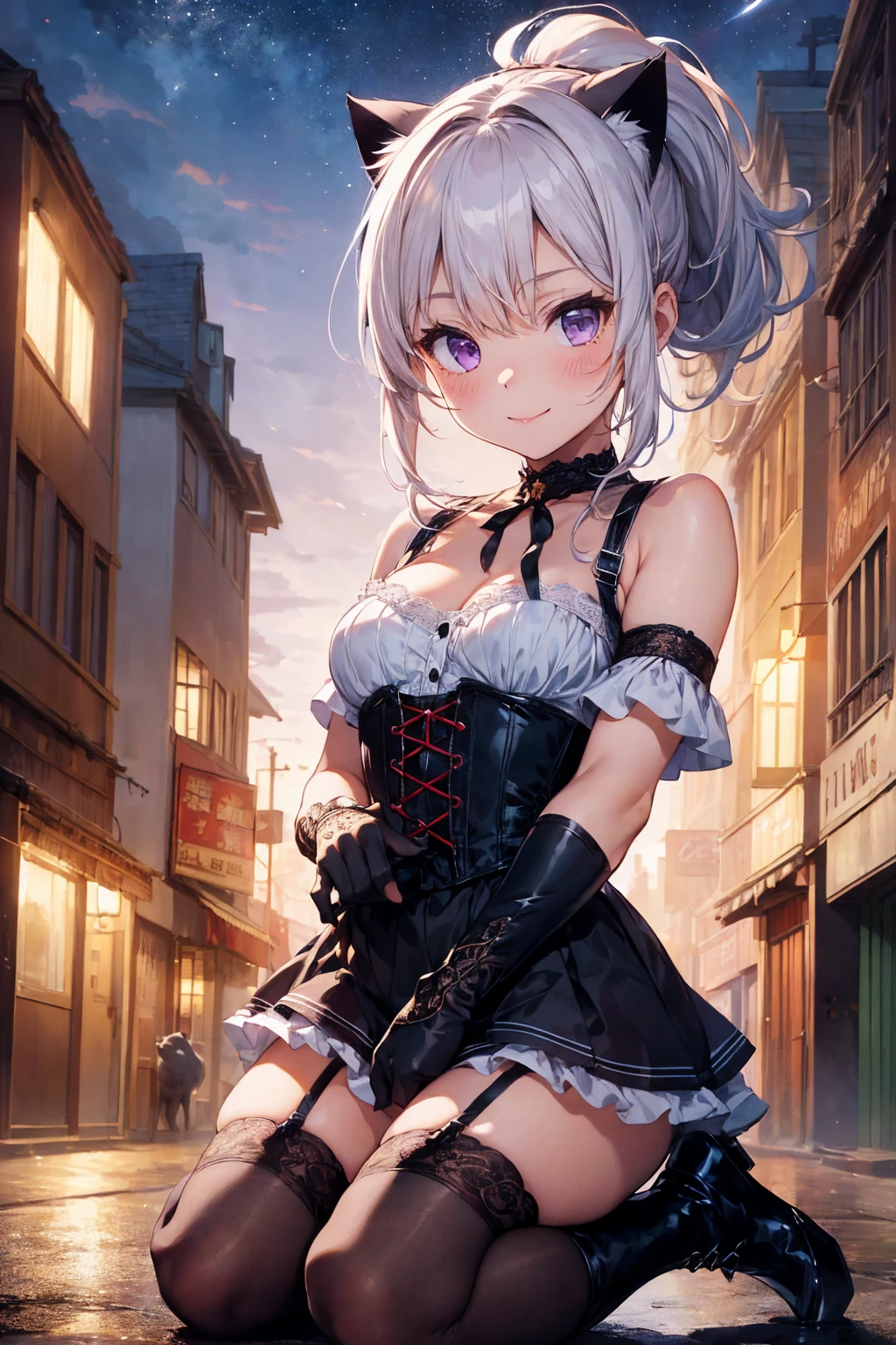 (((masterpiece))), (((Highest quality))), ((Very detailed)), ((Very detailedなイラスト)), ((Ultra-fine painting)), (16K Highest quality wallpaper:1.4), (Detailed and elaborate illustration style,:1.8) Detailed skin texture, High quality fabric, , (T-masterpiece), (Very detailedな顔:1.4), original, RAW Photos, Professional, Intricate details, Very detailed, Direct sunlight:1.6, ,(Cowboy Shot:1.9)、(Perfect Anatomy:1.4), (Extremely elaborate hands:1.2), (Very elaborate fingers:1.2), (Very elaborate fingers先:1.2),, (alone:1.6), (beautiful and adorable cat ears:1.6), (Intricate and delicate white cat ears:1.5), (beautiful, Shiny white hair:1.6), (Very fine and delicate white hair:1.4),, (Very detailedな顔:1.4),(Light purple eyes:1.7),(smile:1.4),(ponytail:1.7),(wariza:1.9),//Character
1girl,
BREAK
//Fashions
Crimson Temptress Corset Ensemble
Begin with a deep crimson, lace-up corset that has a plunging neckline and sheer lace panels on the sides, Pair this with a matching crimson mini skirt with lace trim, short enough to reveal black garter straps connected to sheer black thigh-high stockings, Add high-heeled, black ankle boots with lace detailing,
BREAK
Accessorize with a black velvet choker with a small red gemstone, long black lace gloves, and a small black lace veil attached to a mini top hat, For makeup, opt for a smoky eye with dramatic eyeliner, deep red lipstick, and a hint of blush, Style the hair in loose, voluminous curls, cascading down the shoulders for a seductive and mysterious look inspired by Jack the Ripper’s era,
BREAK