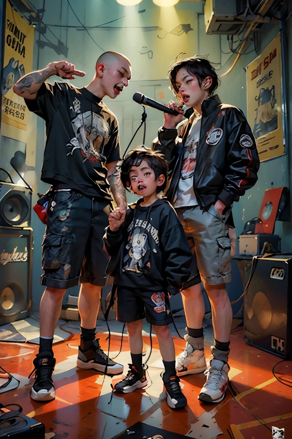 ((best quality)), ((masterpiece)), (detailed), ((best quality)), ((masterpiece)), (detailed), the skinhead group band singing, the exploited punk rock band(boys) holding a mic, full body, raise punch hand on the stage(posters)sound system,smoking, wearing black converse shoes, semi bald hair(red color), in the concert, cables on the floor, there's smokes, crowded people, many lightings