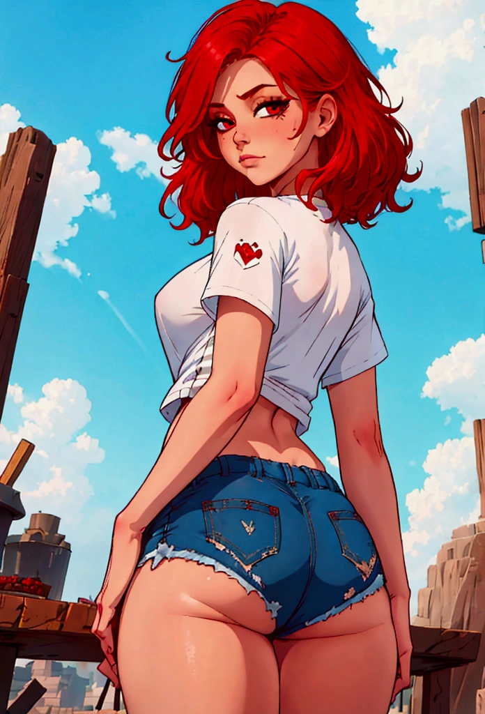 (masterpiece, best quality:1.2), cowboy shot, solo, 1girl, lustful, closed mouth, looking at the viewer, ass, wide hips, t-shirt, short shorts, blue sky, clouds, erotica, groin neckline, red hair, red hair