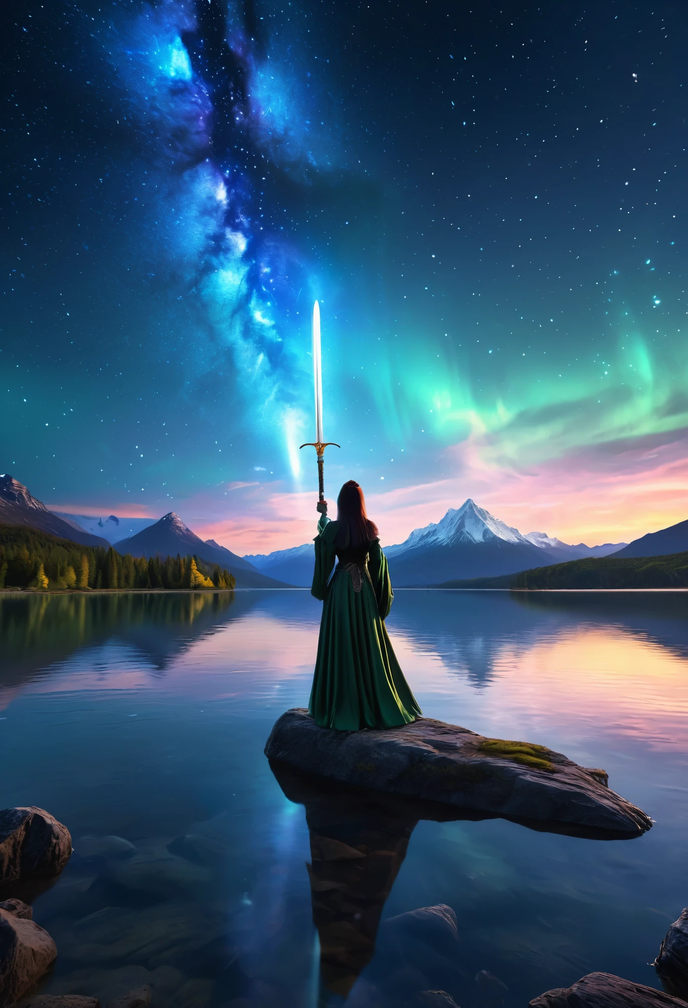 (8k, Highest quality, masterpiece, ファイナルFantasyスタイル: 1.2), (unrealistic, Realistic: 1.37), (A female wizard standing by a lake, Big swinging bust, With sword and fire, Her sword shines in the heavens:1.1), Dreamy landscape, Fantasy, unrealisticな風景, Very detailed, Flying medieval castle, Floating Island, Seven-colored light swirl, (meteorのMr..A small, shiny, long-tailed bird soaring through the sky:1.3), Aurora, Intense lightning, milky way, Complex Light, Mr..々color light, Large Lake, Starry sky reflected on the lake, Countless shining stars, meteor, たくさんのmeteor, Aura, (A pillar of light appeared from the ground.:1,2), 複雑な文Mr..Magic Circle,