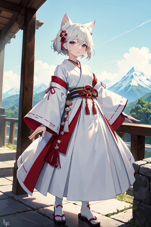  ((Highest quality)), ((masterpiece)), (detailed), One girl, cute　Five fingers　Small wolf ears　White Shorthair　Petite　Normal chest　No human ears　Big eyes　Her eyes are black　Droopy eyes　first round　White samurai　The lower half is a long white skirt　Holding a white circular shield　The background is a mountain road 