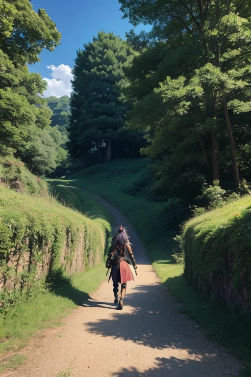 Draw an anime character. Beast Girl, a warrior walks along the path towards the city. There is a green meadow along the path.