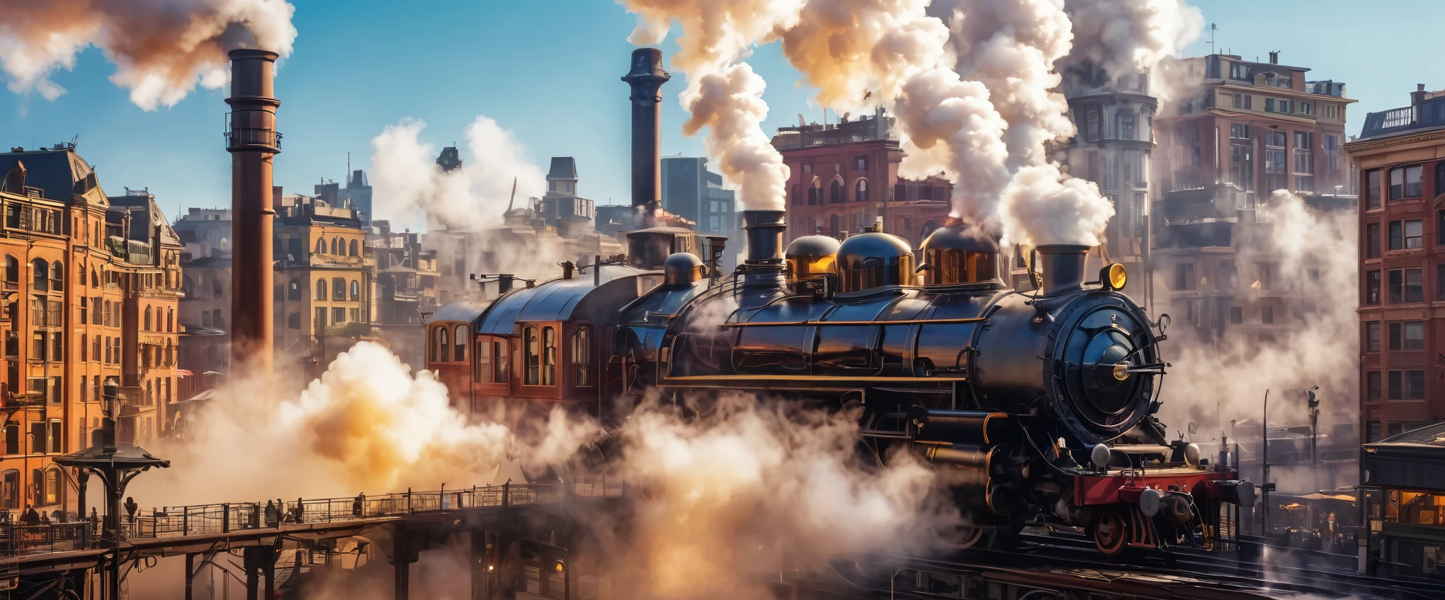 Create imaginative and amazing images demonstrating the style of ((Miscellaneous Academia)), hyper realistic, 8k, vibrant colors, sharp crisp image A photograph of steam punc, A huge city in warm colors