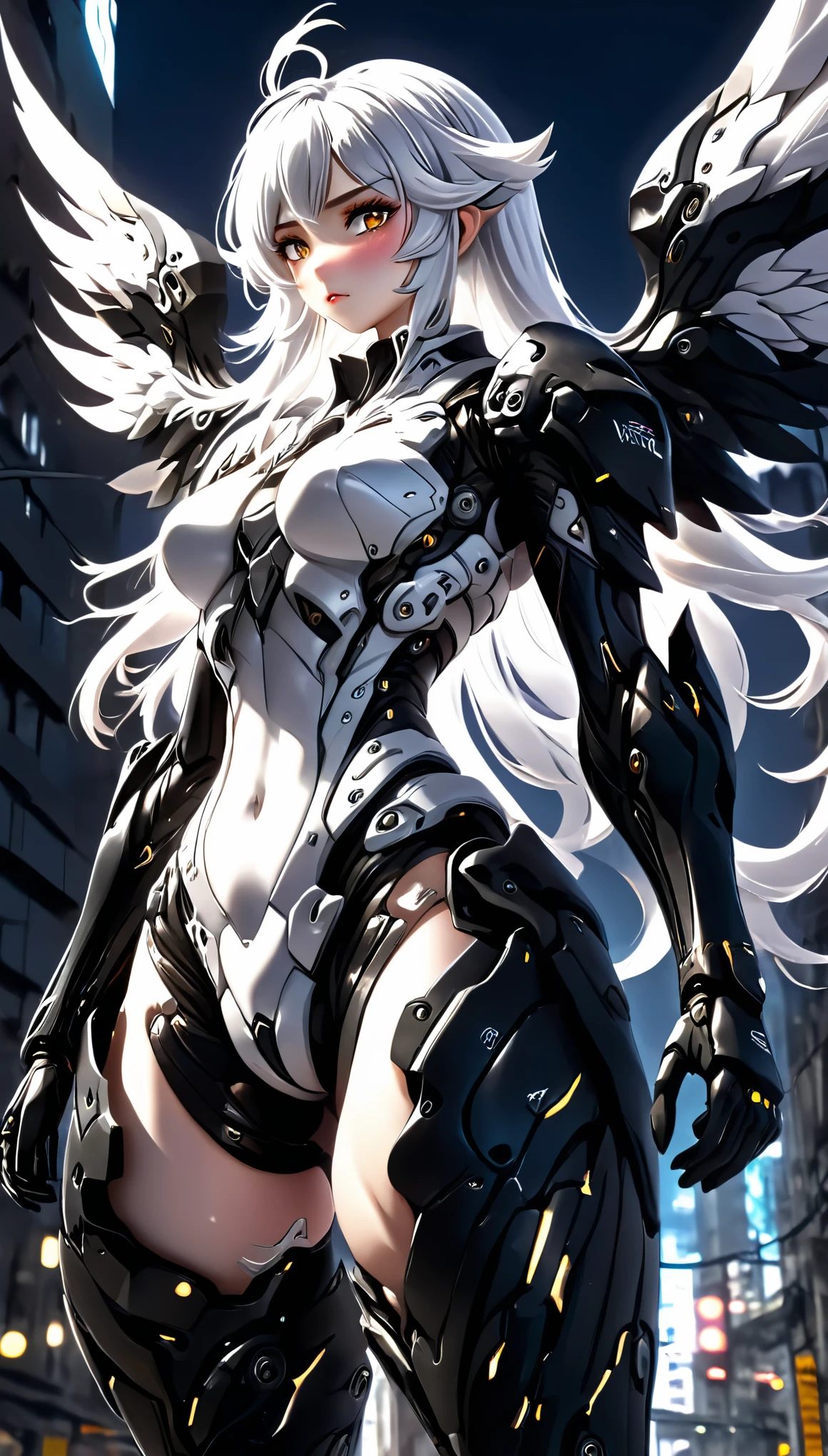 white hair, messy hair, long wavy hair, atmospheric perspective, 8k, super detail, best quality, cinematic lighting, masterpiece, Mechanical body, black steel body parts, large wings growing from its back, detailed face, detailed eyes, anime style, Her thighs are exposed and showing skin, Her upper arms are exposed and showing skin.