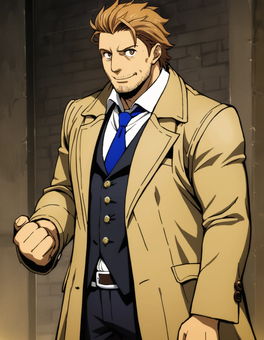 1man, veteran mature detective, muscular, boned nose, wavy slicked back spiked hair, yellow_brown hair, BREAK shihaku, brown eyes, dandy, virile, stubble, square shaped, large eyes, ugly, rough skin, facial wrinkles, ideal ratio body proportions, ordinaly, cute uncle, beautiful detailed eyes, broad waist, 40yo dude, BREAK solo, upperlegs, white collared shirt, blue necktie, trench coat, dark worn-out suit, cute smile, standing, BREAK dandy posing, in eroge style, 2000s, cinematic concept art, masterpiece, best quality