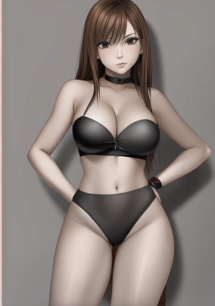 A beautiful woman with big breasts, beautiful legs, and a sharp face is standing with her hands on her hips in a black navel-baring tube top and black hot pants that look like panties.。