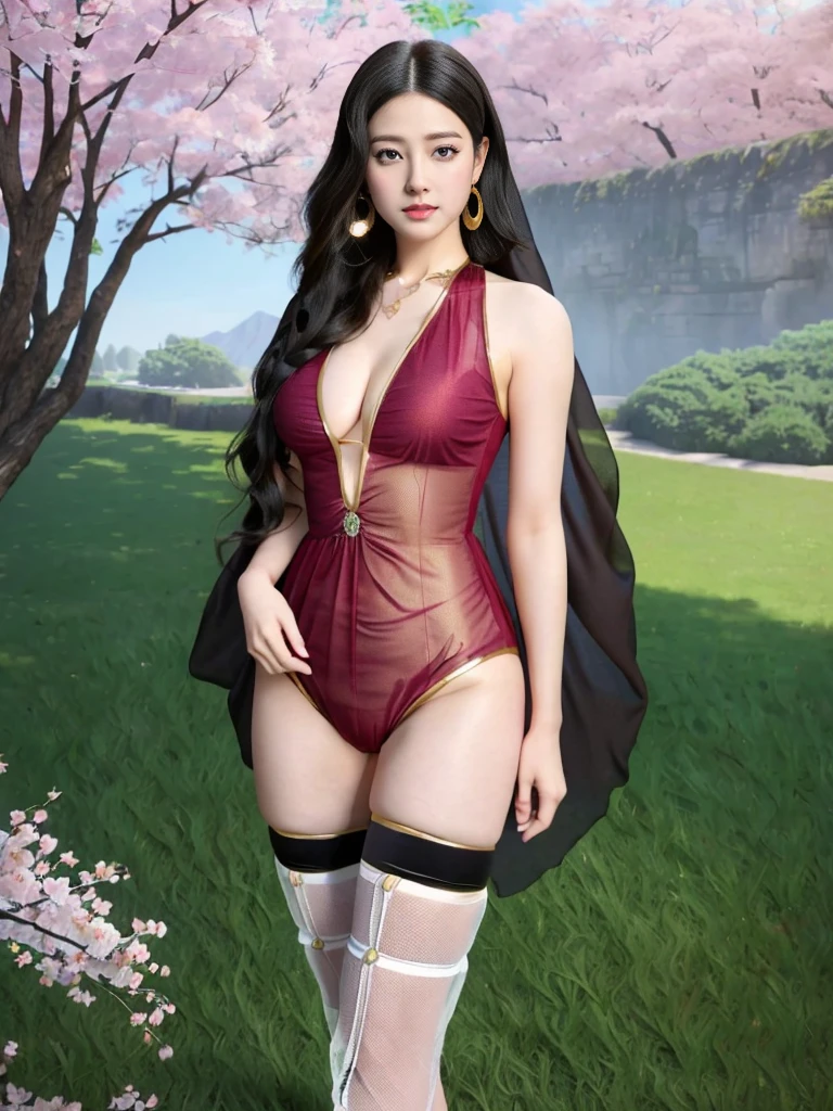 A female model, (Race:Chinese),((night),(moonlight),(Fall),(Mountains in summer，Sunset)), (8K Ultra HD, 8K, Ultra-high resolution, best quality, masterpiece, Surrealism), ((((Beautiful model-like face))), (Creating the image of a real girl), warm light, Realistic shadows, Dynamic poses, Elegant Posture, Cowboy lens, Full body front view, Be confident, Body facing the camera, Standing facing the camera, Open your legs slightly, Golden Ratio Graphics, Minimalism), (Happy smile, Big watery eyes, Cherry Blossom, Balanced Eyes, Oval face, Perfect beautiful face, Pretty Face, Normal facial features, Realistic skin, Skin is transparent and visible, Attention to skin details, Perfect limbs, Sports body, cosmetic, earrings, bracelet, necklace, Jewelry, veil, Hair accessories, Headdress), ((beautiful hair), black hair, Wavy curly hairstyle, Waist-length hair, Messy Hairstyle, Gradient hairstyles, Cyberpunk hairstyle), ((Transparent clothes：1.5), (The color of the clothes: Peach), Transparent Clothes, See-through clothes, Transparent Clothes, Tulle clothes, Mesh clothes, Transparent sci-fi clothes), (Sexy的, Perfect breast shape, Teardrop chest shape, Snow-white breasts, very detailed breasts, 34E cup), (Super high waist, Deep V, Low-cut, Sexy, Flattering, , (Camel toe, High fork strangulation)), (sock, Knee socks, 吊garter, Leg ring, garter, 腿部garter), (pattern:Clouds)