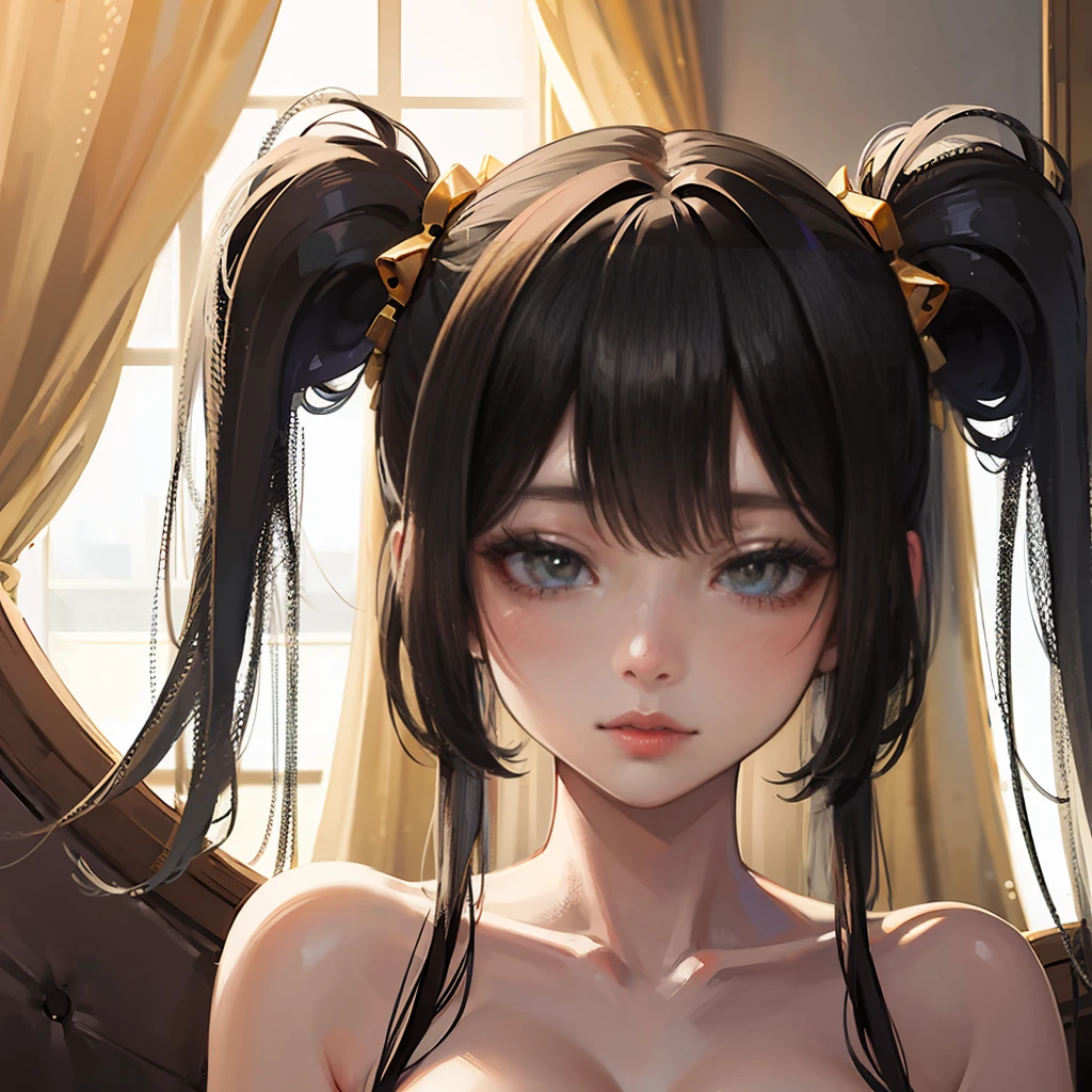 masterpiece, Best Quality, Very delicate and beautiful, Ultra-high resolution, 8k, 3D, Princess like a doll, cute,
highly detailed dress, Twin tails, perfectly cut bangs, Transparent white skin, Fair skin, large, round eyes, Thin lips, round face, look up, Upper Body, Looking at the camera, The best light, Perfect composition,