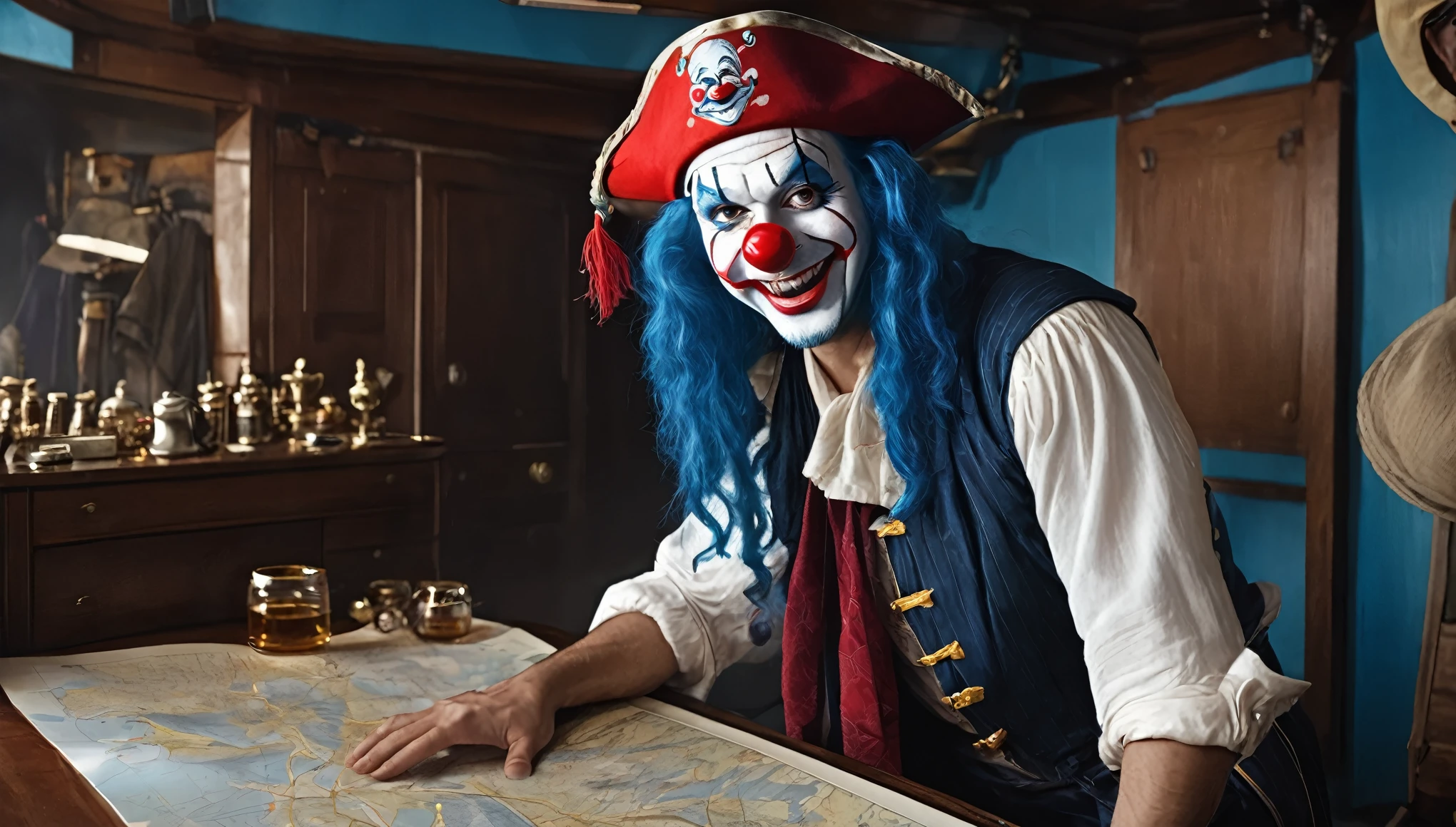 masterpiece, best quality, extremely detailed, hyperrealistic, photorealistic, a cool 40s man, ultra detailed face, clown makeup, red pirate hat, white skin, red nose, long hair, blue hair, in the ship, room, holding map, joyful smile, dynamic angle, a shot from head to knee