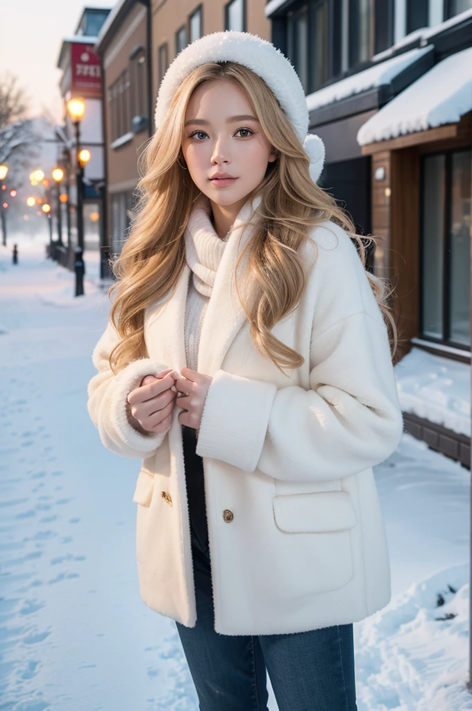 professional portrait photograph of a gorgeous Norwegian girl in winter clothing with long wavy blonde hair, sultry flirty look, gorgeous symmetrical face, cute natural makeup, wearing elegant warm winter fashion clothing, ((standing outside in snowy city street)), stunning modern urban environment, ultra realistic, concept art, elegant, highly detailed, intricate, sharp focus, depth of field, f/1. 8, 85mm, medium shot, mid shot, (((professionally color graded))), bright soft diffused light, (volumetric fog), trending on instagram, hdr 4k, 8k
