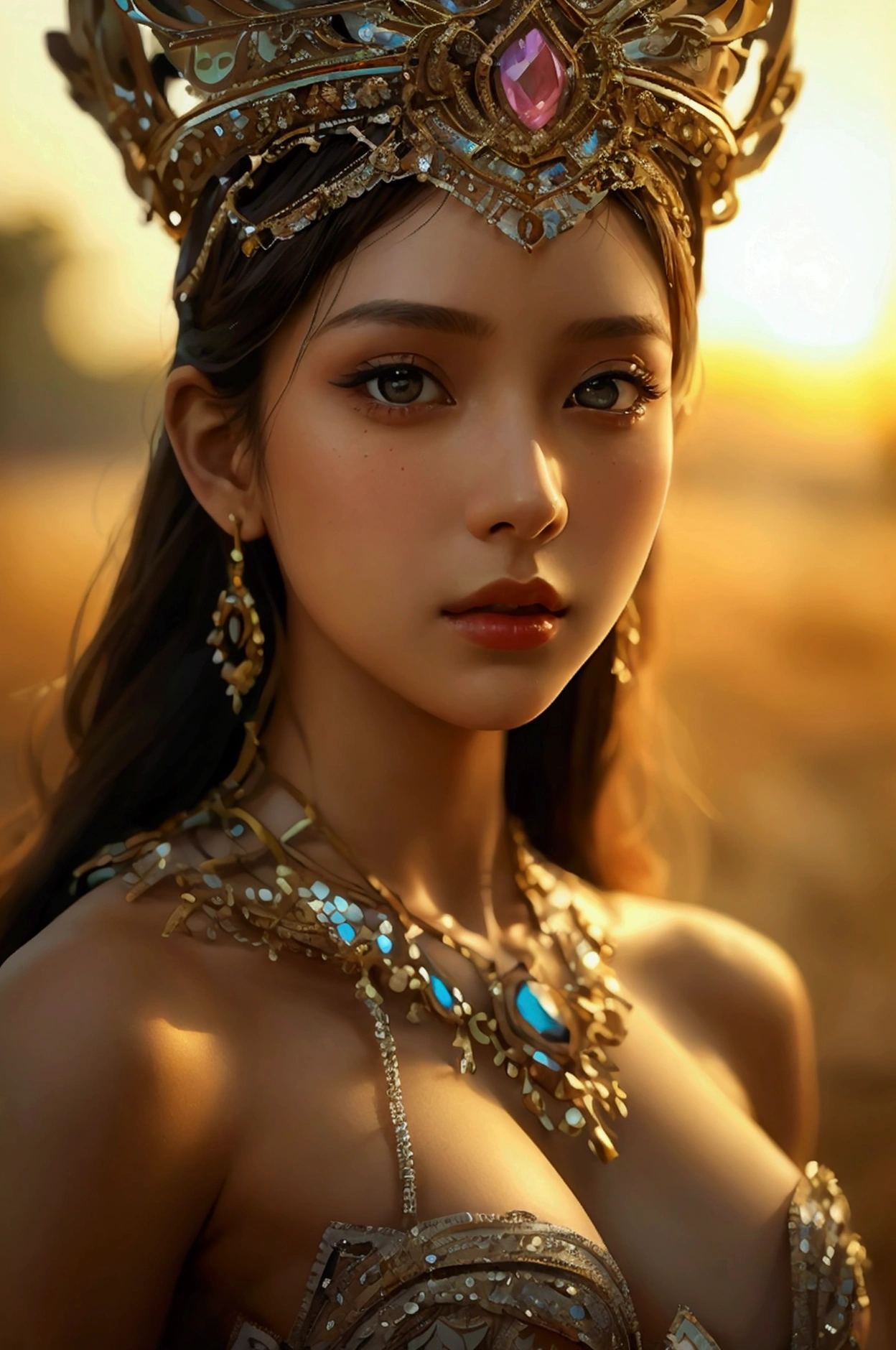 best quality, Masterpiece, Ultra high resolution, (realism: 1.4), original photo, 1 girl, movie light, at sunset, in the dark, deep shadow, Create high resolution photos, A beautiful young woman wearing a sexy Thai princess costume., The see-through fabric is so thin that the wearer'Cracks and skin can be seen.., She spread her legs slightly wide to show off her legs.., She has a slim, beautiful, and delicate face.., sharp eyes, long hair, responsive face, high nose, and thin lips, Her breasts are 32 inches long with pink nipples.., Her waist is 24 inches.., Her hips are 33 inches.., Her skin was white and radiant.., She has light brown hair.., And her figure was slim and slightly muscular..