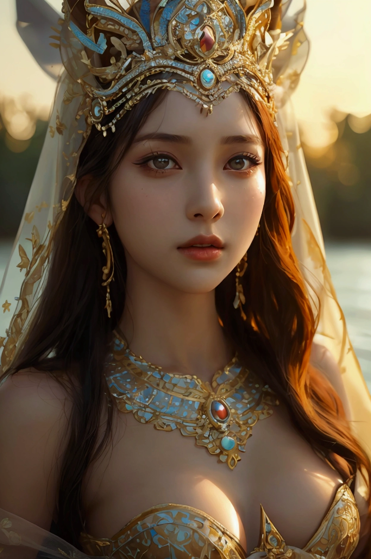 best quality, Masterpiece, Ultra high resolution, (realism: 1.4), original photo, 1 girl, movie light, at sunset, in the dark, deep shadow, Create high resolution photos, A beautiful young woman wearing a sexy Thai princess costume., The see-through fabric is so thin that the wearer'Cracks and skin can be seen.., She spread her legs slightly wide to show off her legs.., She has a slim, beautiful, and delicate face.., sharp eyes, long hair, responsive face, high nose, and thin lips, Her breasts are 32 inches long with pink nipples.., Her waist is 24 inches.., Her hips are 33 inches.., Her skin was white and radiant.., She has light brown hair.., And her figure was slim and slightly muscular..