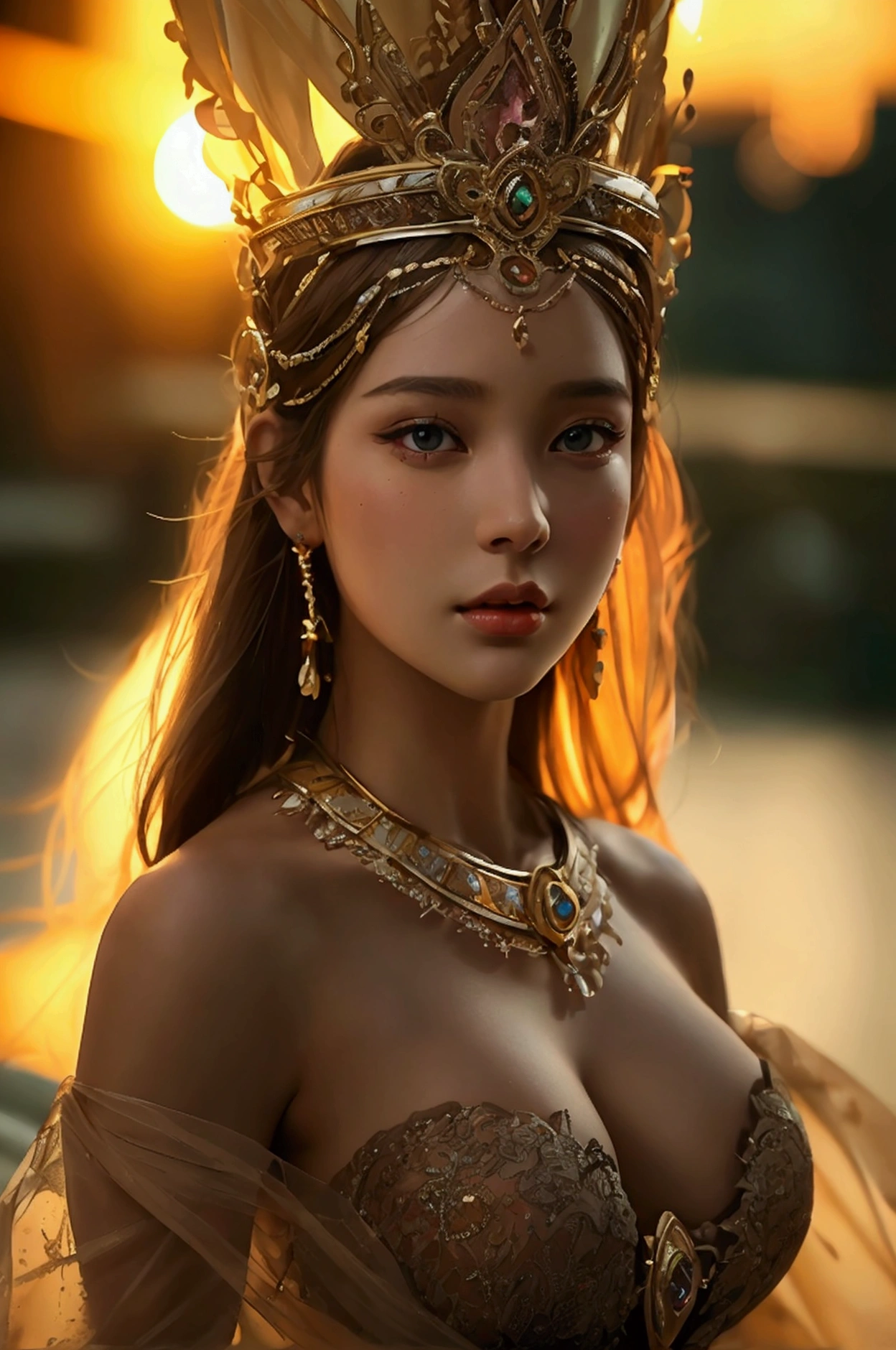 best quality, Masterpiece, Ultra high resolution, (realism: 1.4), original photo, 1 girl, movie light, at sunset, in the dark, deep shadow, Create high resolution photos, A beautiful young woman wearing a sexy Thai princess costume., The see-through fabric is so thin that the wearer'Cracks and skin can be seen.., She spread her legs slightly wide to show off her legs.., She has a slim, beautiful, and delicate face.., sharp eyes, long hair, responsive face, high nose, and thin lips, Her breasts are 32 inches long with pink nipples.., Her waist is 24 inches.., Her hips are 33 inches.., Her skin was white and radiant.., She has light brown hair.., And her figure was slim and slightly muscular..