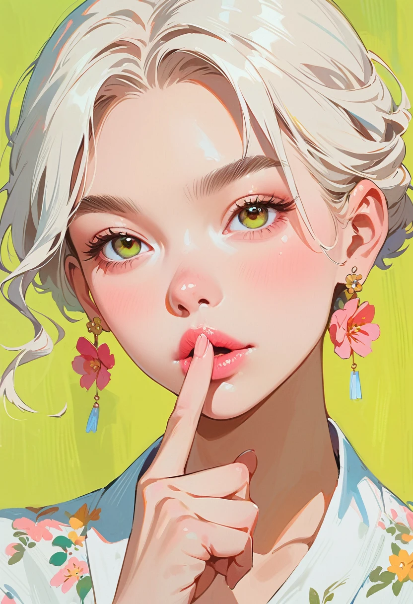 (masterpiece, best quality:1.2), 1 girl, solitary,Anime style,White hair, lips pink、Girl with light floral earrings puts her finger to her mouth,In the style of a top portrait painter, Yellow-green background.Middle finger raised