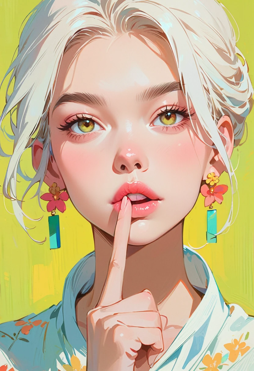 (masterpiece, best quality:1.2), 1 girl, solitary，Anime style，White hair, lips pink、Girl with light floral earrings puts her finger to her mouth，In the style of a top portrait painter, Yellow-green background.Middle finger raised