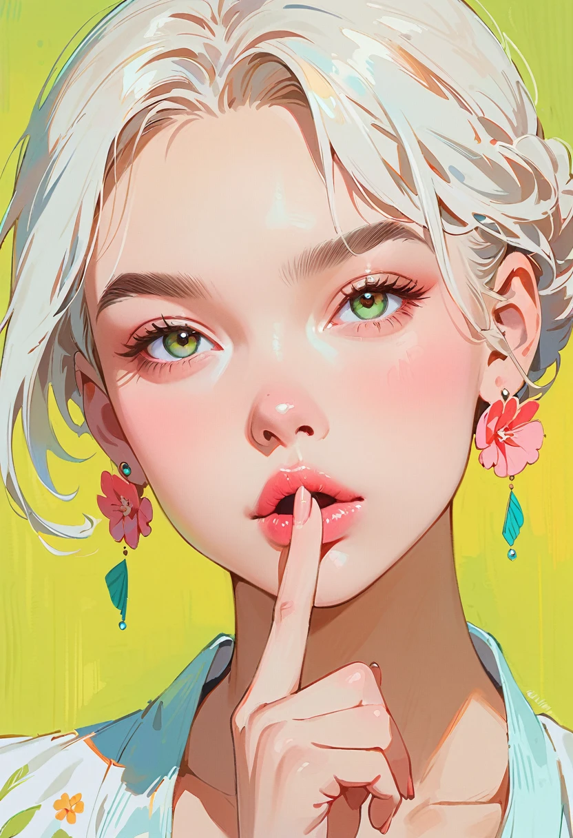 (masterpiece, best quality:1.2), 1 girl, solitary，Anime style，White hair, lips pink、Girl with light floral earrings puts her finger to her mouth，In the style of a top portrait painter, Yellow-green background.Middle finger raised