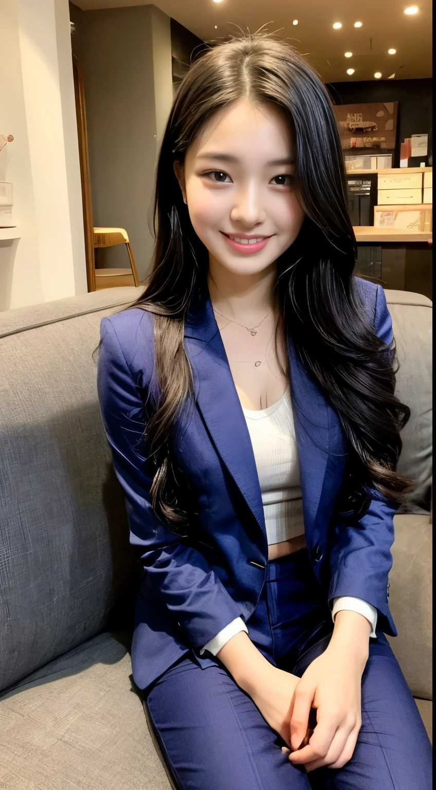 lovely cute young attractive teenage girl, village girl, 19 years old, cute, an Instagram model, long black_hair, colorful hair, winter, dacing, wear blue suit savar, not top, sitting at sofa home, clean face,healthy,blue only top smile, carry shopping bag in mall, carry second hand with iphone 14 pro model mobile