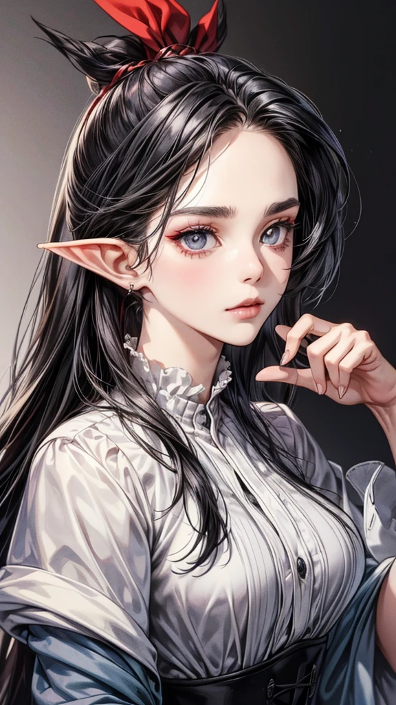 One beautiful woman, vampire woman , elf ears
long ponytail、black hair , grey eyes, beautiful eyes, detailed eyes ,
Two-tone hair colors,small face、anime makeup、"A girl with a cute and androgynous face"、white skin、cute eyes、Very thin eyebrows、tall、stylish black luxury fashion、stylish outfits 、、25 years old、British girl、Has a languid look、anger、Lower the corners of your mouth with no expression on your face、Photographed from the side diagonally、model photoshoot、masterpiece、highest quality、high resolution、luxurious 、glaring expression、korean makeup 、Cool photos、Various poses、rich , an expression of despair, lifeless eyes , Gothic outfit ,large curves, big breasts, plump body. Formal