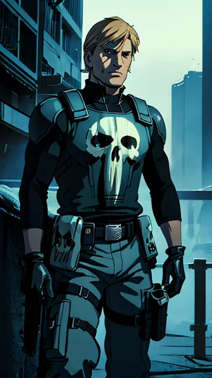 (Dolph Lungren), (extremely detailed CG unit 8k wallpaper),(master part), (best quality), (ultra detali), (best illustration),(skull, top with skull print, gloves, top, belt, pants, thigh holster, pouch), cowboy shot, (Sharp eyeliner, ombre, detailed eyes:1),  dark city background ,break , (ghibli style), upper body