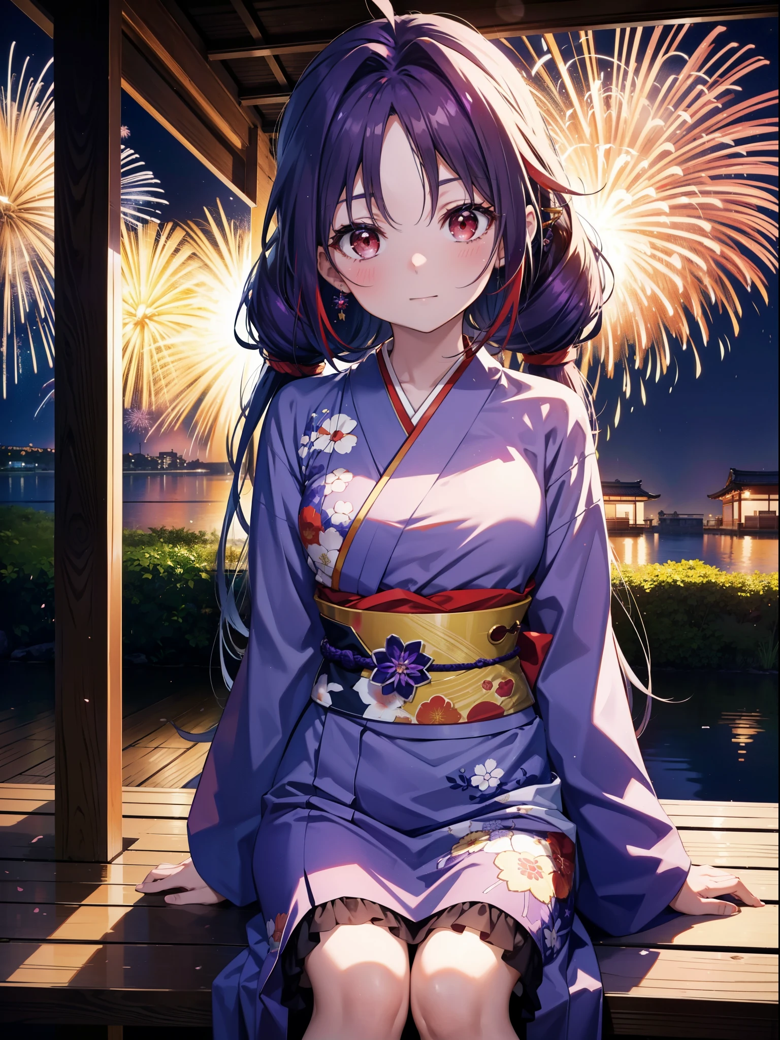 yuukikonno, Yuuki Konno, hair band, Long Hair, Pointed Ears, Purple Hair, Ahoge,(Red eyes:1.5), (Small breasts:1.2),low twin tail,smile,blush,Open your mouth,Purple Kimono,Purple long skirt,Fireworks in the night sky,Fireworks,The place is a fireworks display,Time is night,sunny day,Sitting on a bench,Wind Chimes,whole bodyがイラストに入るよう,
break looking at viewer, , whole body, (Cowboy Shot:1. 5)
break indoors, Veranda,Japanese garden,
break (masterpiece:1.2), Highest quality, High resolution, unity 8k wallpaper, (figure:0.8), (Beautiful attention to detail:1.6), Highly detailed face, Perfect lighting, Highly detailed CG, (Perfect hands, Perfect Anatomy),